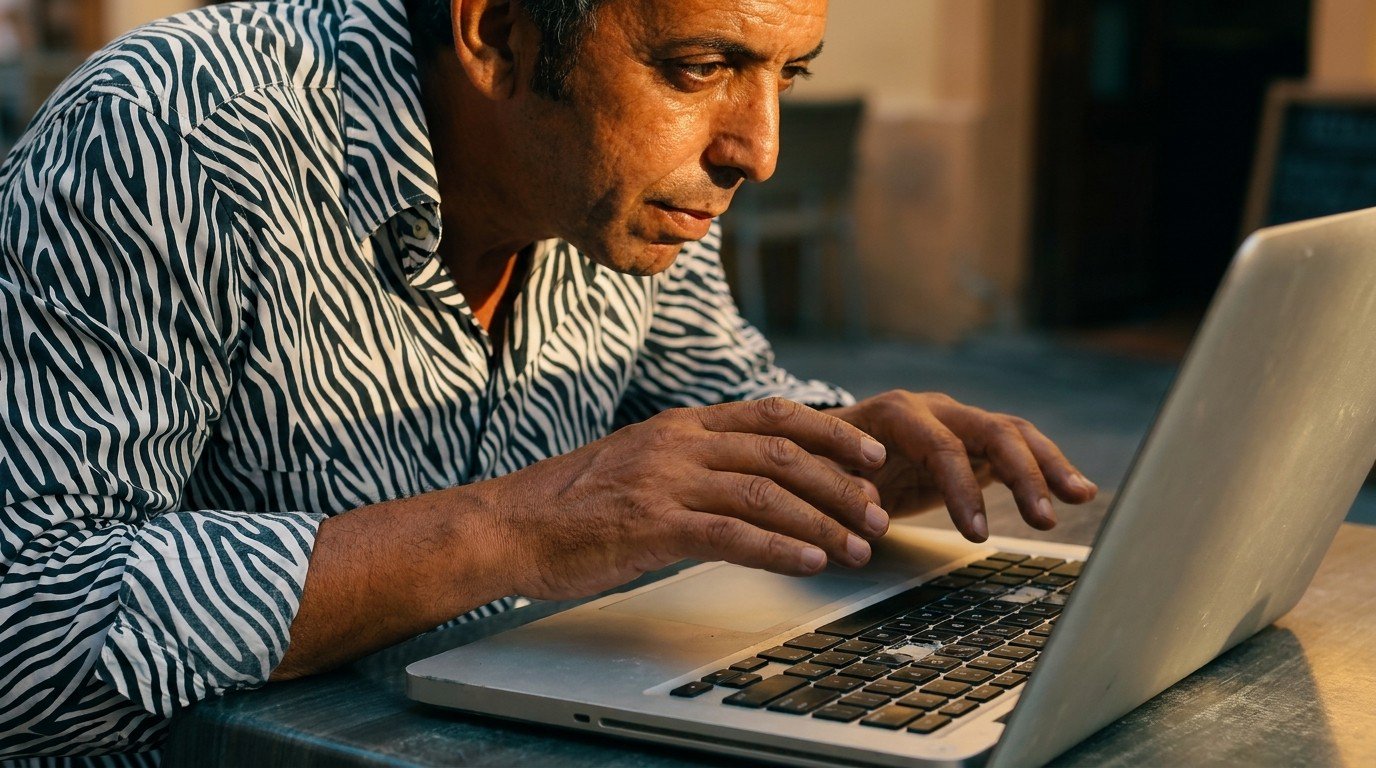 Medium close-up from three-quarter angle of a man in a black-and-white zebra-striped shirt leaning over a worn 2010 silver laptop, weathered hands hovering above a keyboard whose S and A keys are nearly erased, face in profile with an expression of quiet mastery, low raking golden-hour light.