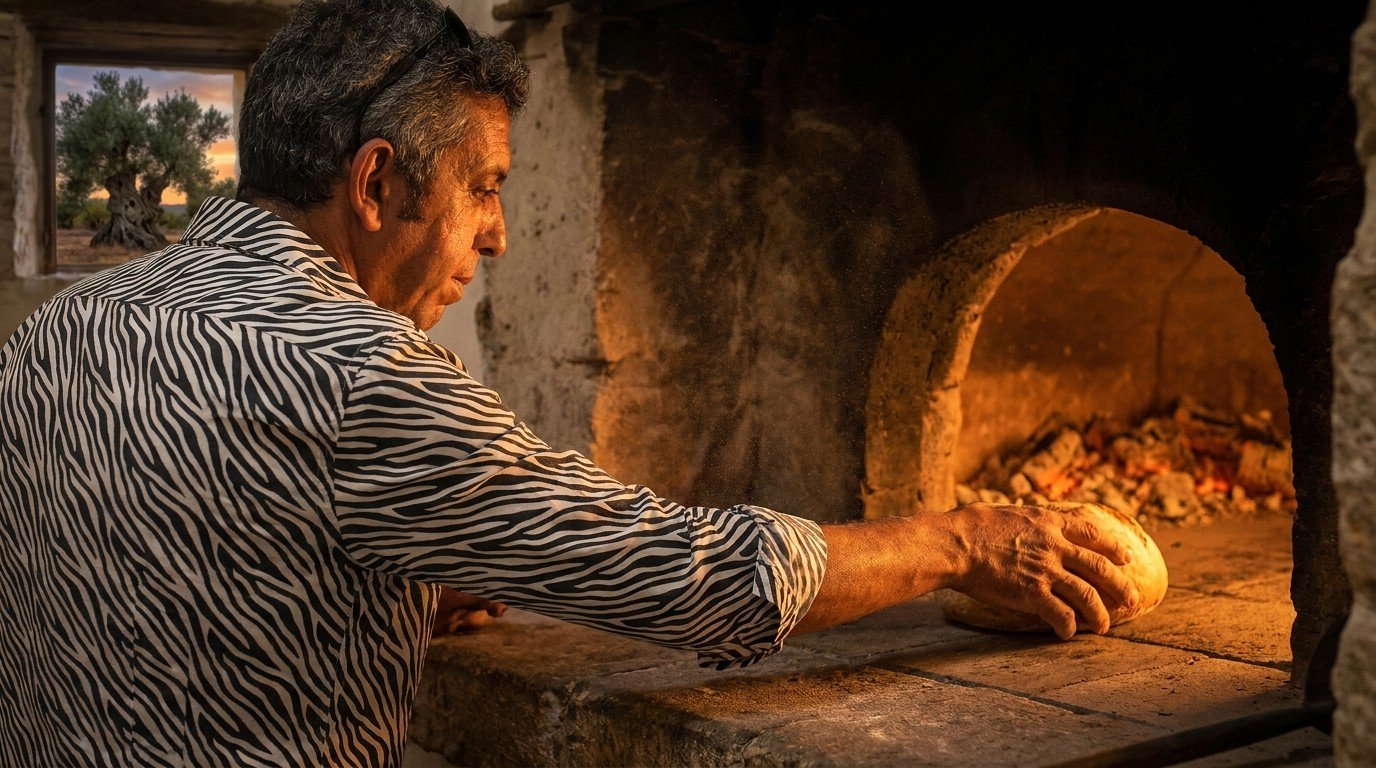 Shot from just outside the mouth of an ancient stone baker's oven: a man seen from behind in three-quarter profile, wearing a zebra-striped shirt with sleeves rolled up, reaching in to place a round loaf where the heat is strongest, ember light on his arm and shoulder, a thousand-year-old twisted olive tree against a Mediterranean dusk sky through a small window.