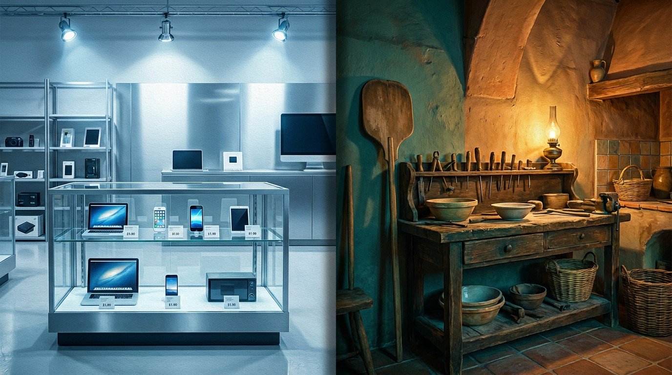 Split composition contrasting two worlds: on the left a cold sterile glass display case with gleaming new tools under harsh white spotlights with price tags; on the right a warm artisan wooden workbench with worn beloved tools, a baker's peel and wooden bowls in golden oil-lamp light.