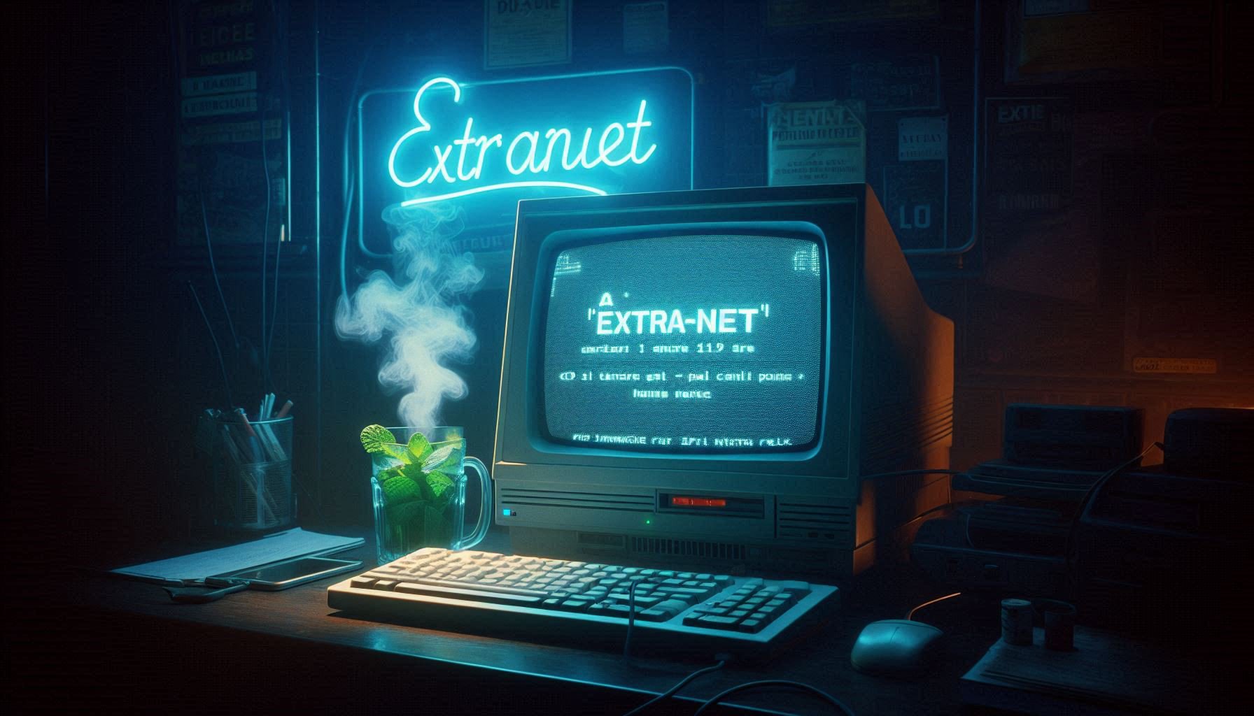 Nostalgic close-up of a CRT monitor in a dark cybercafé, mint tea steaming beside keyboard, Arabic script glowing on screen