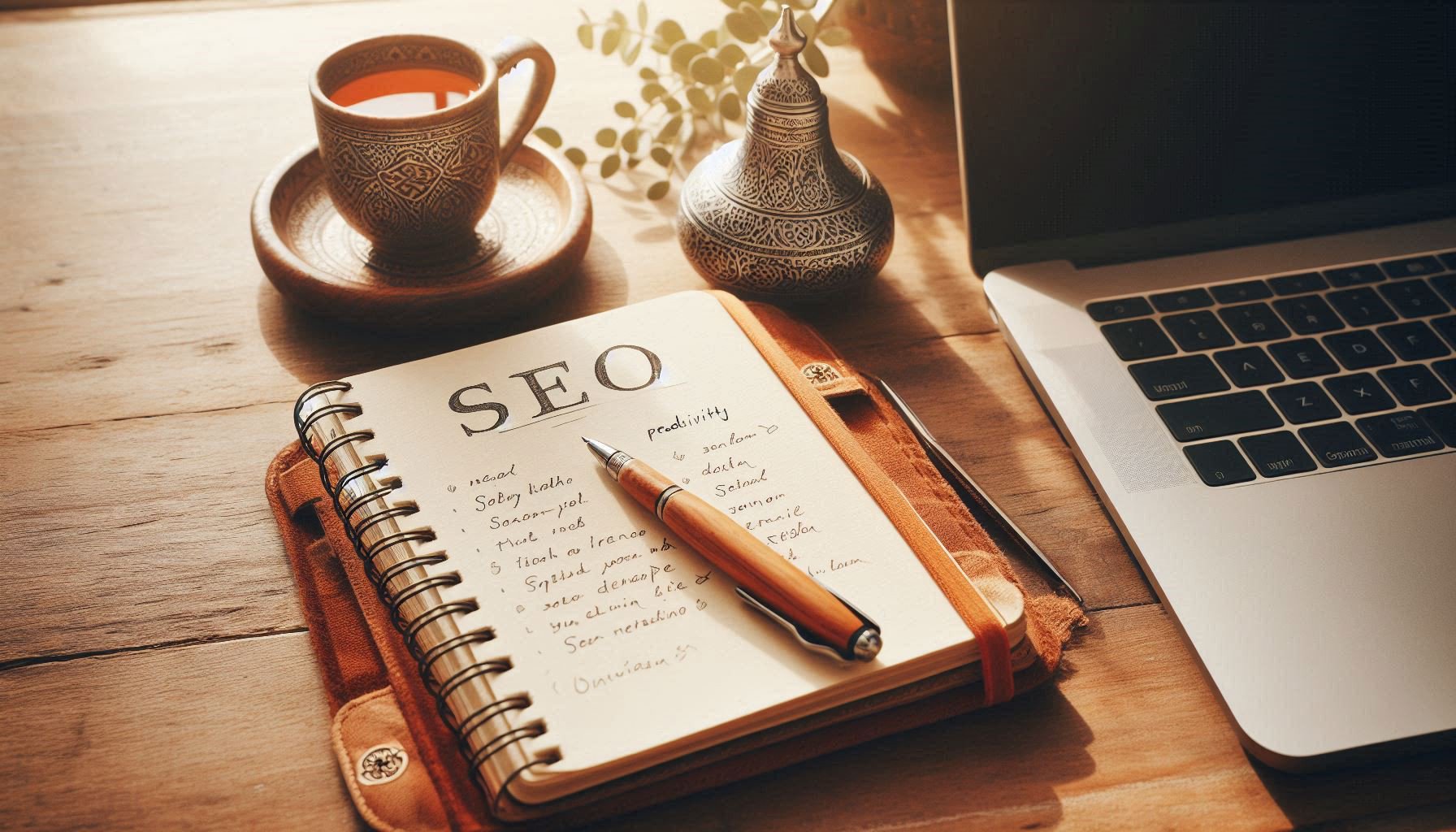 Handwritten SEO notes beside closed laptop showing analog preparation