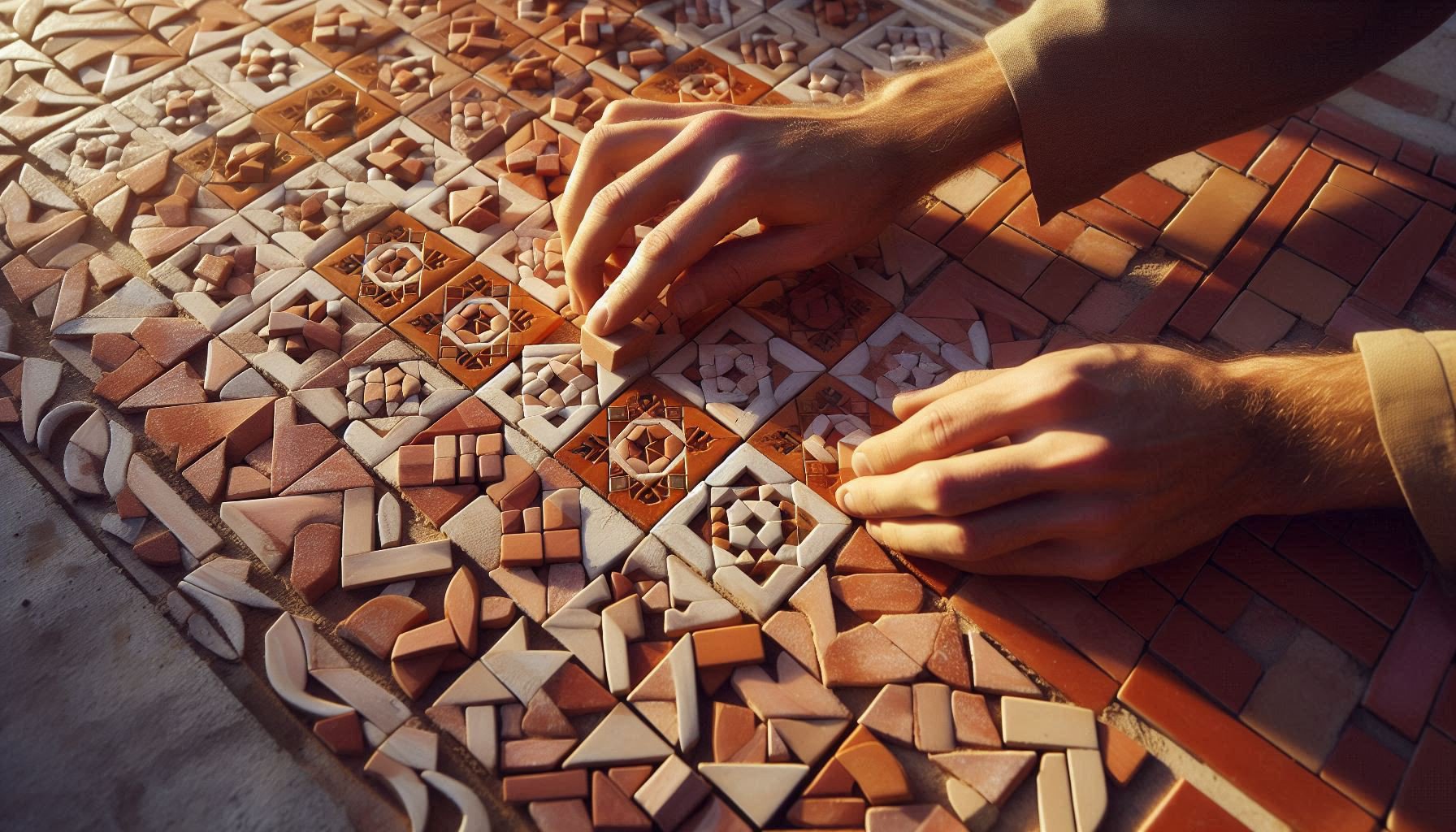 Artisan hand placing single zellige tile in geometric pattern with perfect intention