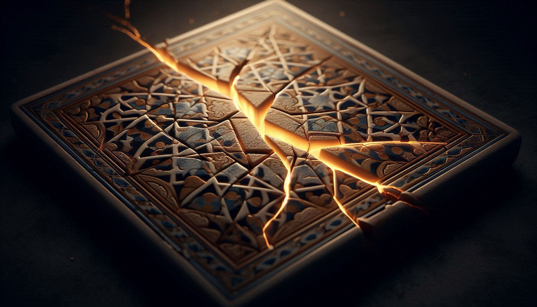 Single cracked zellige tile with light shining through fracture - symbolizing beauty in broken dreams and revealed wisdom