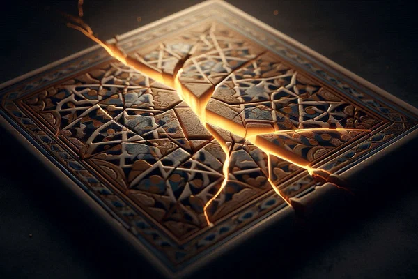 Single cracked zellige tile with light shining through fracture - symbolizing beauty in broken dreams and revealed wisdom