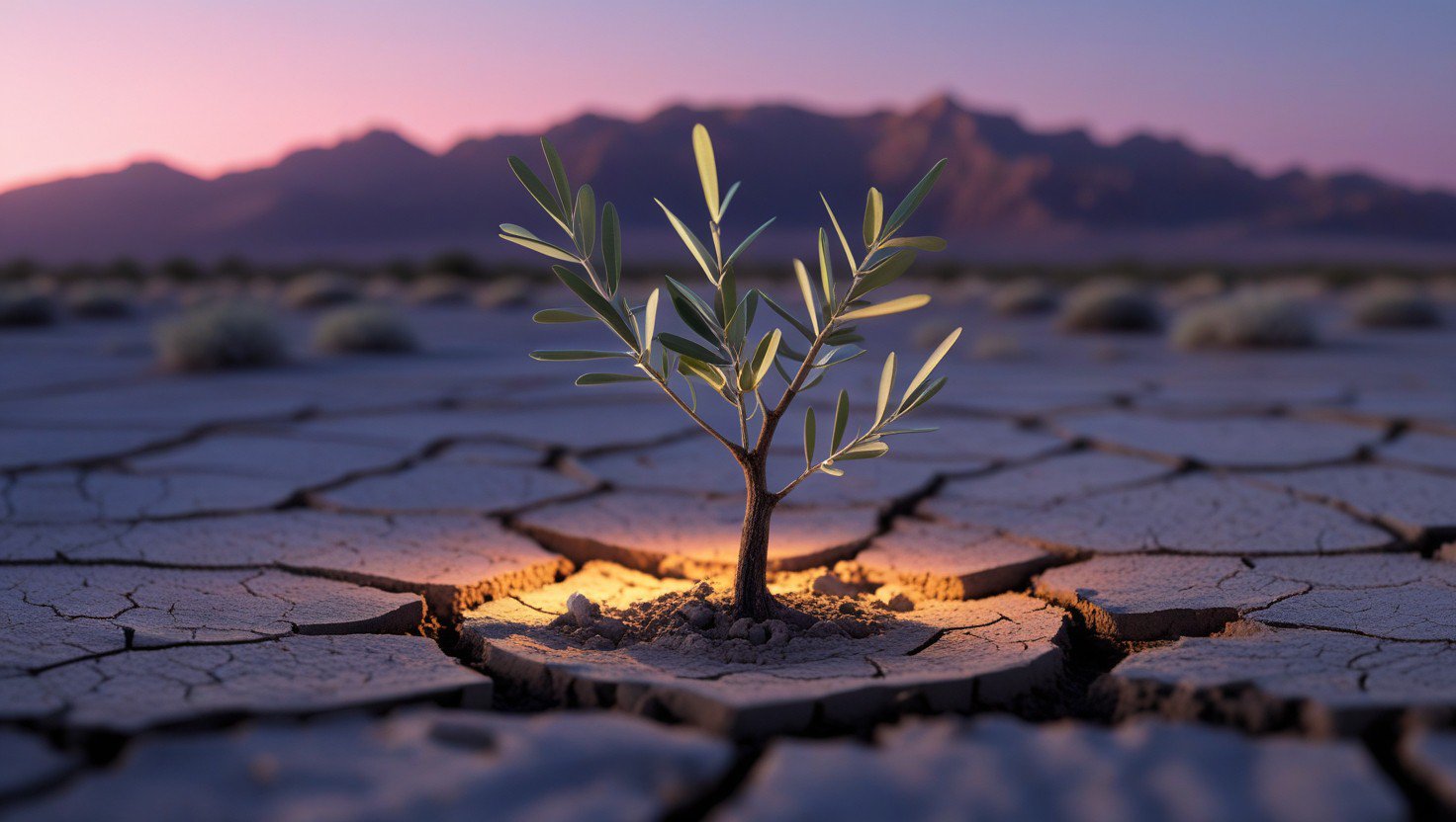 Young olive sapling growing through cracked earth symbolizing resilience
