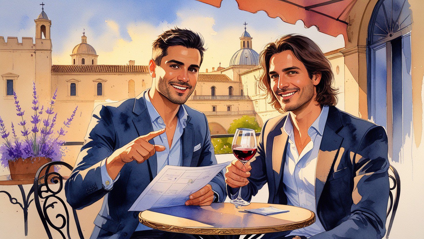 Stylized illustration of two men planning over notes on a café terrace in Avignon
