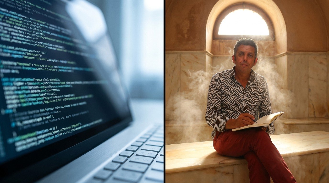 A diptych split in half: left side shows a laptop screen with cold blue-white light displaying blurry code rushing past at high speed, generic and soulless; right side shows Salah, in a classic zebra-striped shirt, sitting pensively on a marble bench in a warm golden-lit Andalusian hammam, an open Moleskine notebook on his knee, steam rising gently around him.