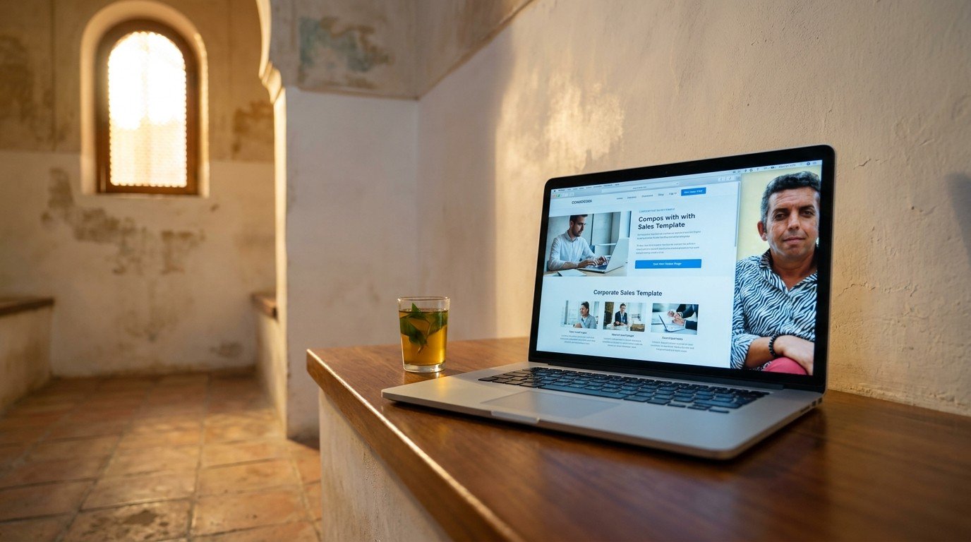 An open laptop on a wooden bench inside a historic Andalusian hammam, the screen displaying a generic corporate sales page with cold blue-white light, surrounded by warm golden Mediterranean light and steam from the hammam, creating a stark visual contrast.