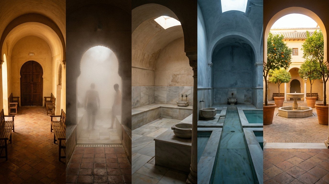 An architectural cross-section of a traditional Andalusian hammam in Málaga, showing all five chambers: El Galsa (vestibule), Caldarium (steam room), Gommage (scrubbing room), Frigidarium (cool room), and Palaestra (courtyard with fountain), with golden light descending through each space.