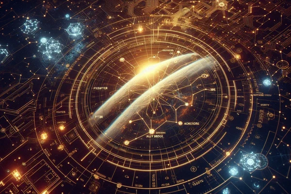 Star map showing three constellations labeled Mirror, Bridge, and Anchor against olive trees and digital circuitry
