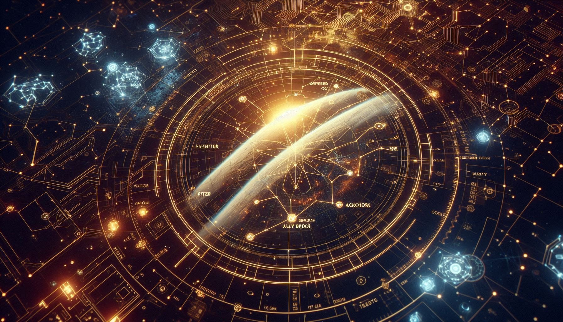 A star map showing three key constellations labeled 'Pieter - Mirror', 'Sally - Bridge', and 'Zak - Anchor', against a backdrop of olive trees and digital circuitry.