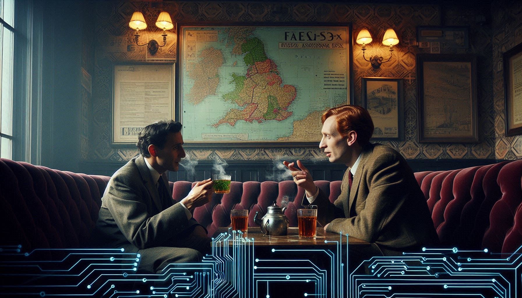 Illustration of Salah and Zak speaking in a pub, Moroccan tea glasses between them