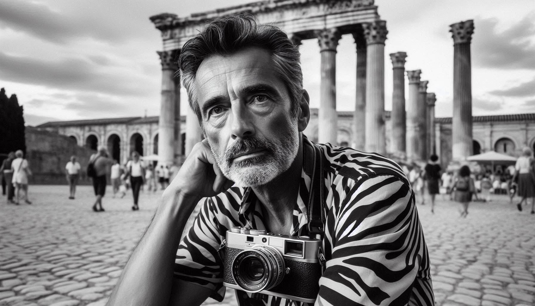 The iconic black and white photo of Salah Nomad in zebra shirt taken by Pieter Monsma
