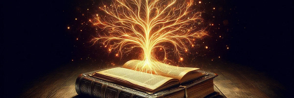 An open, ancient leather-bound book on a wooden table. From its pages, a glowing, intricate root system grows outwards, symbolizing how personal narratives are the living source of the Rooted Nomadism philosophy.