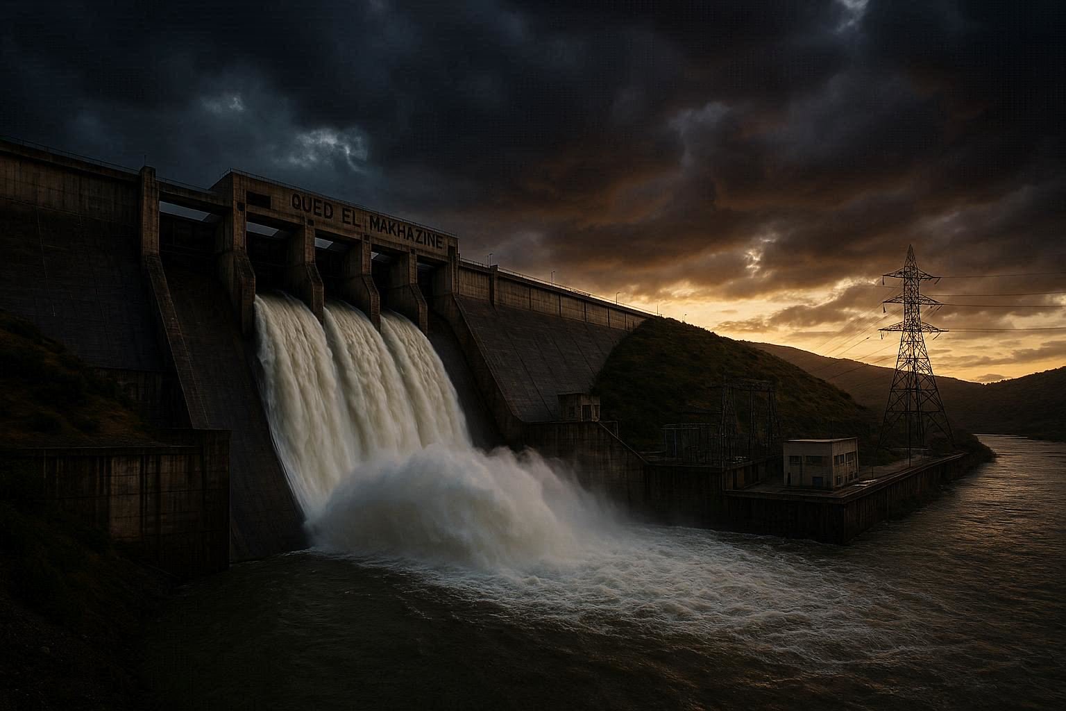 Oued El Makhazine dam releasing controlled water flows