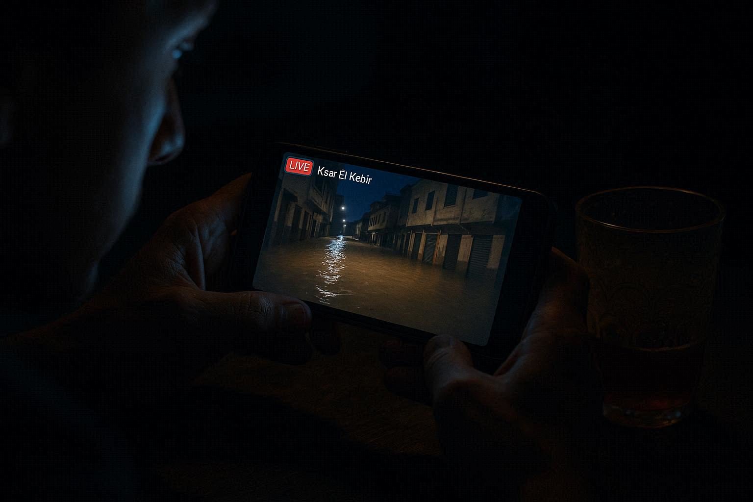 Hands holding smartphone showing live stream of flooded Ksar el Kebir streets