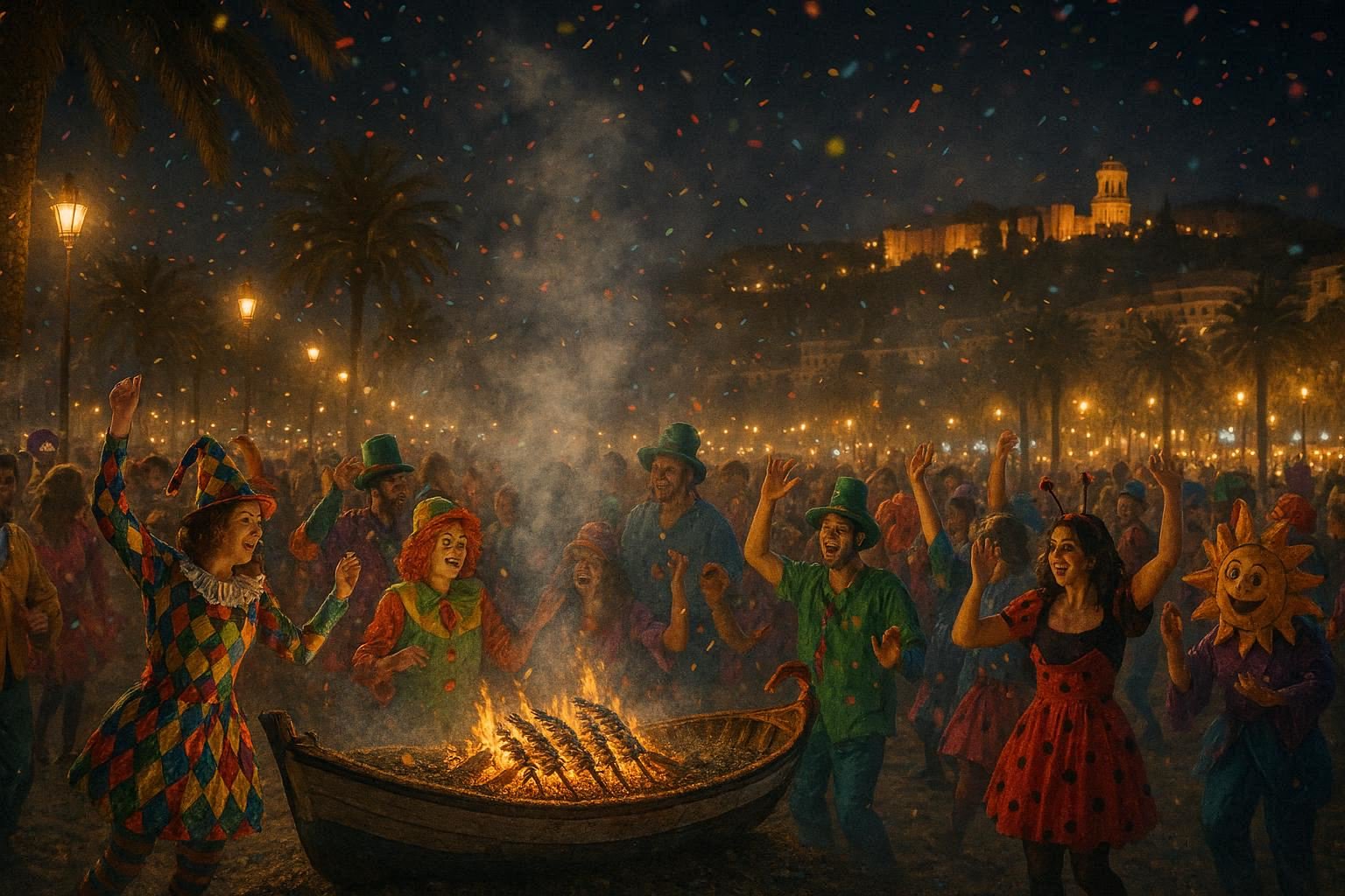 Málaga Carnival with smoke from beach grills