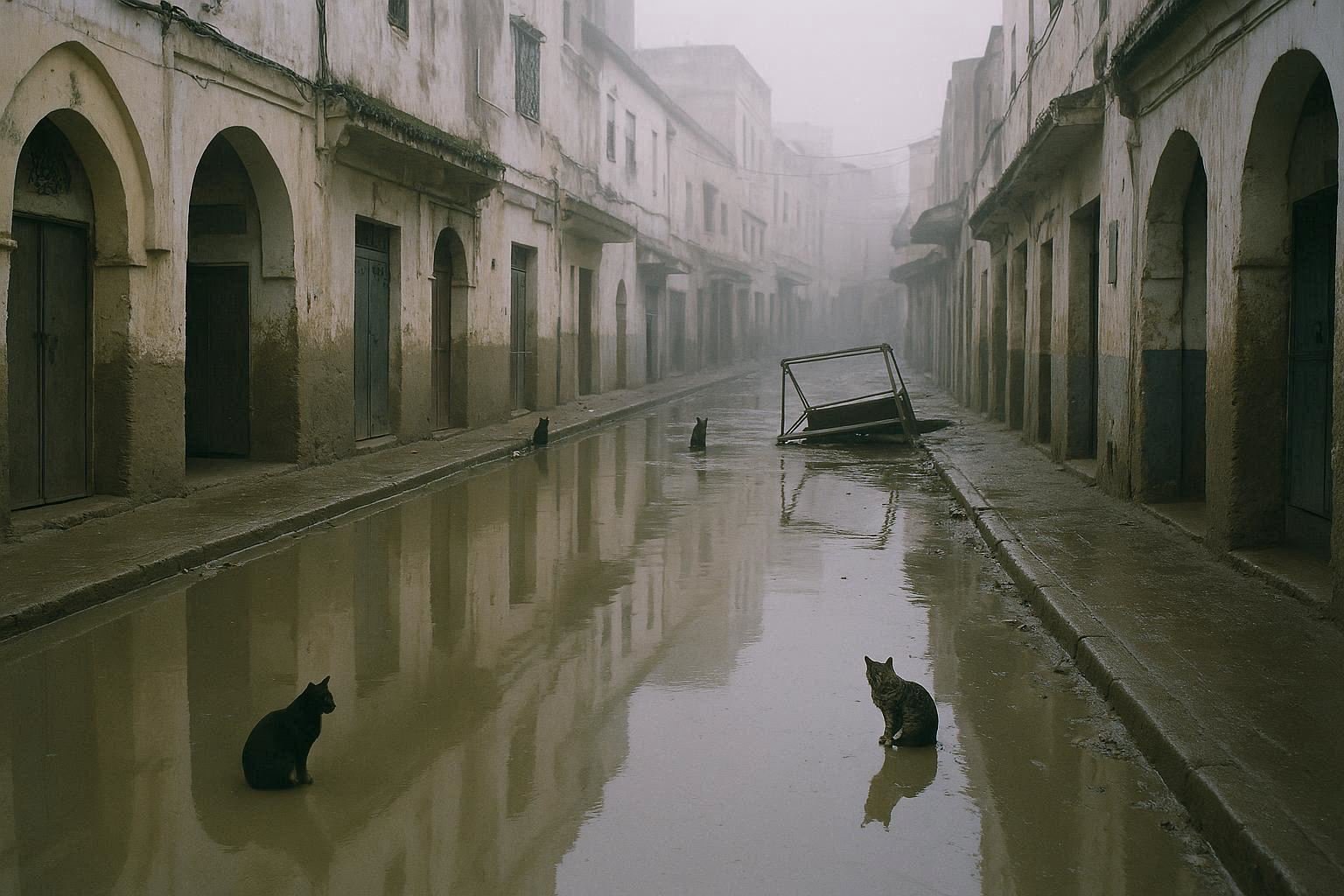 Empty street in Ksar el Kebir with stray cats, flood aftermath