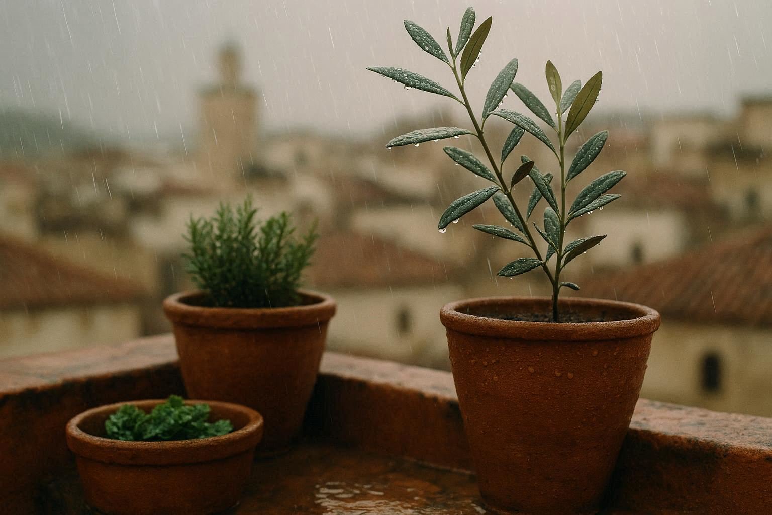 Potted plants on a Moroccan terrace being watered by rain