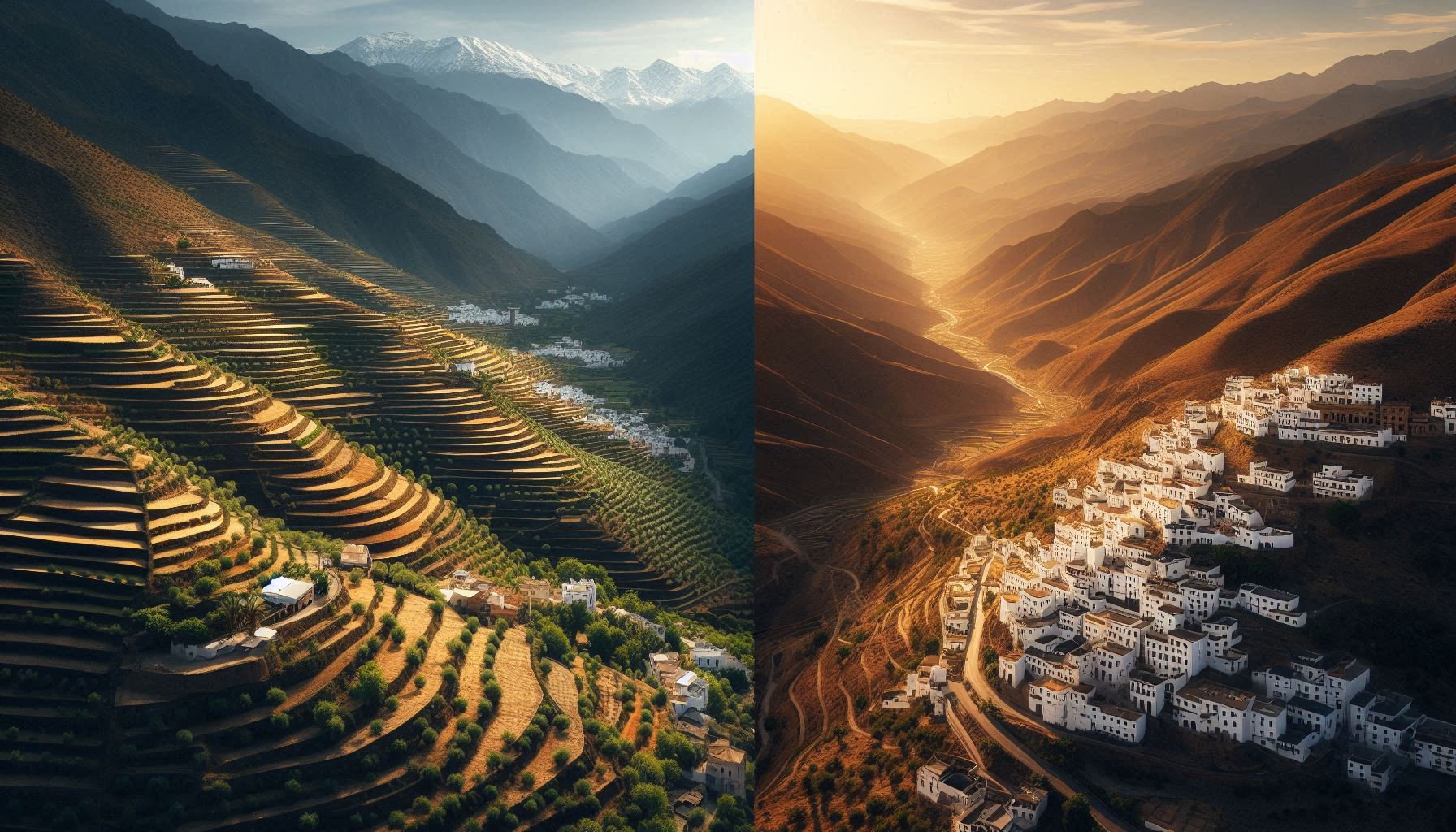 Comparative photo showing similar landscapes of Jbala mountains in Morocco and Sierra Nevada in Spain