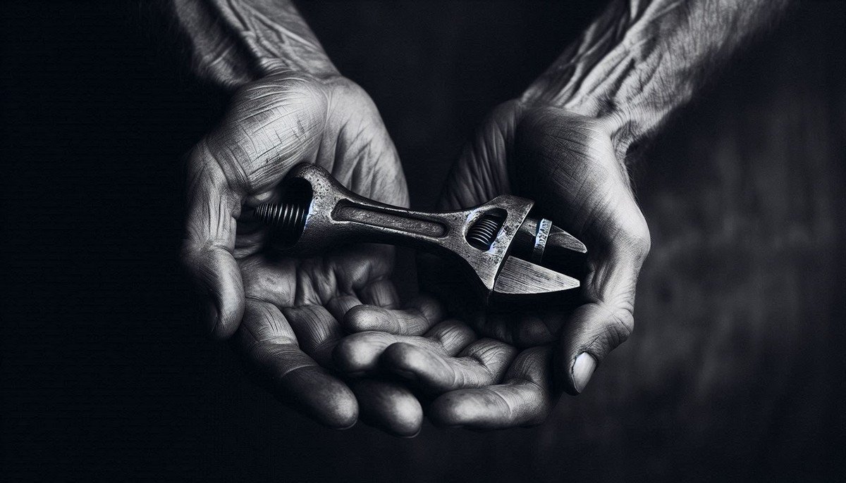 Experienced artisan hands holding a simple tool, symbolizing the primacy of skill over technology