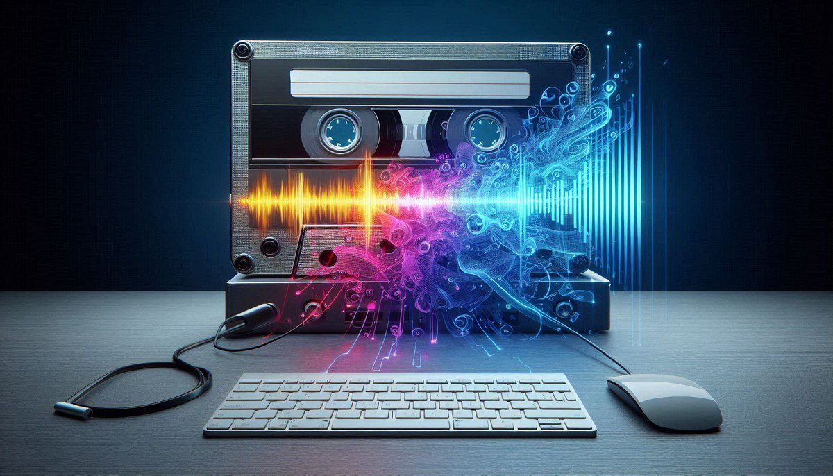Cassette tape transforming into digital waveform, visual metaphor for analog to digital conversion