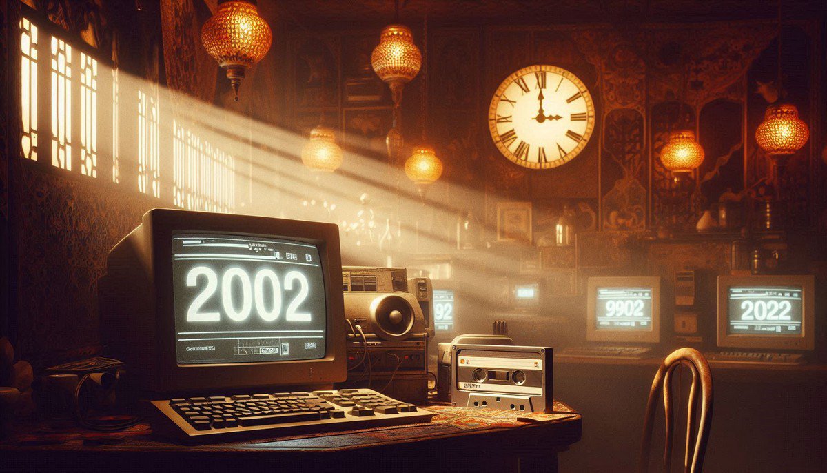 Nostalgic interior of a Moroccan cybercafe in 2002 with CRT monitors, cassette deck, and smoky atmosphere