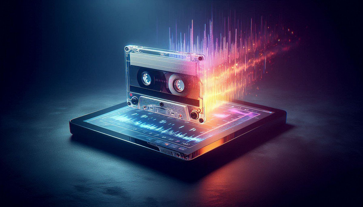Vintage cassette tape dissolving into digital audio waveform on minimalist software interface, symbolizing analog to digital transformation