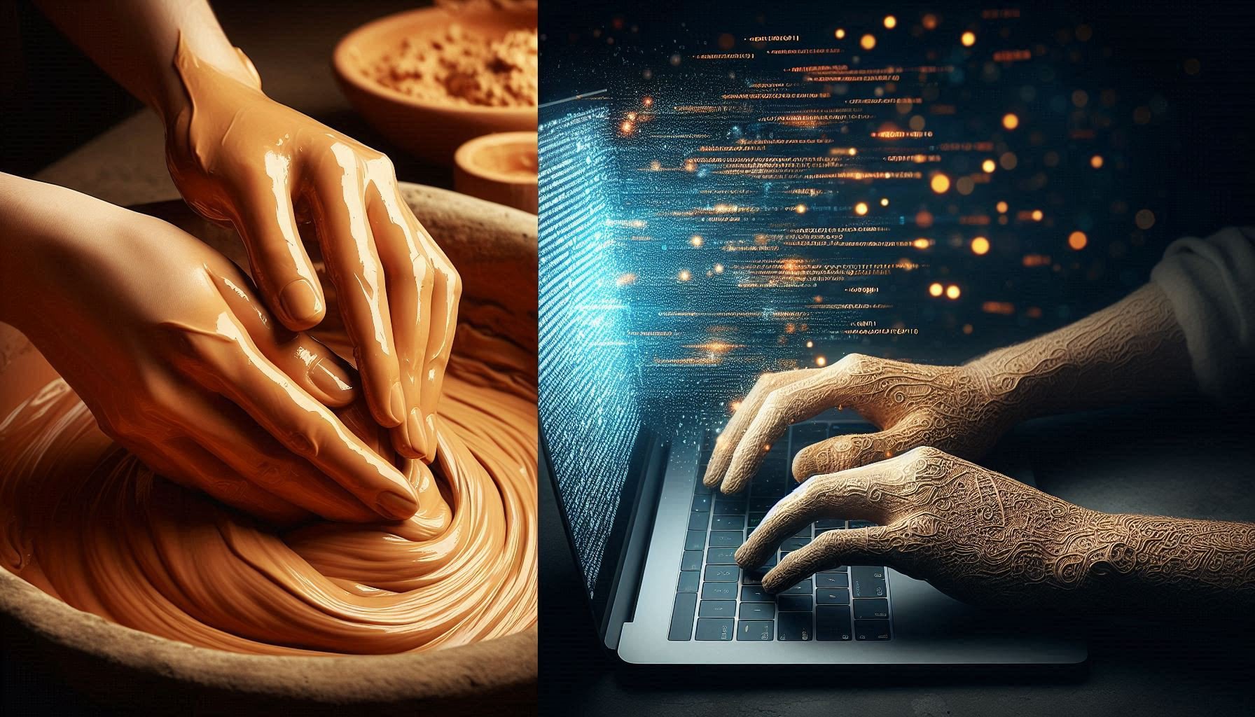Hands transforming clay into digital code - symbolizing business model evolution