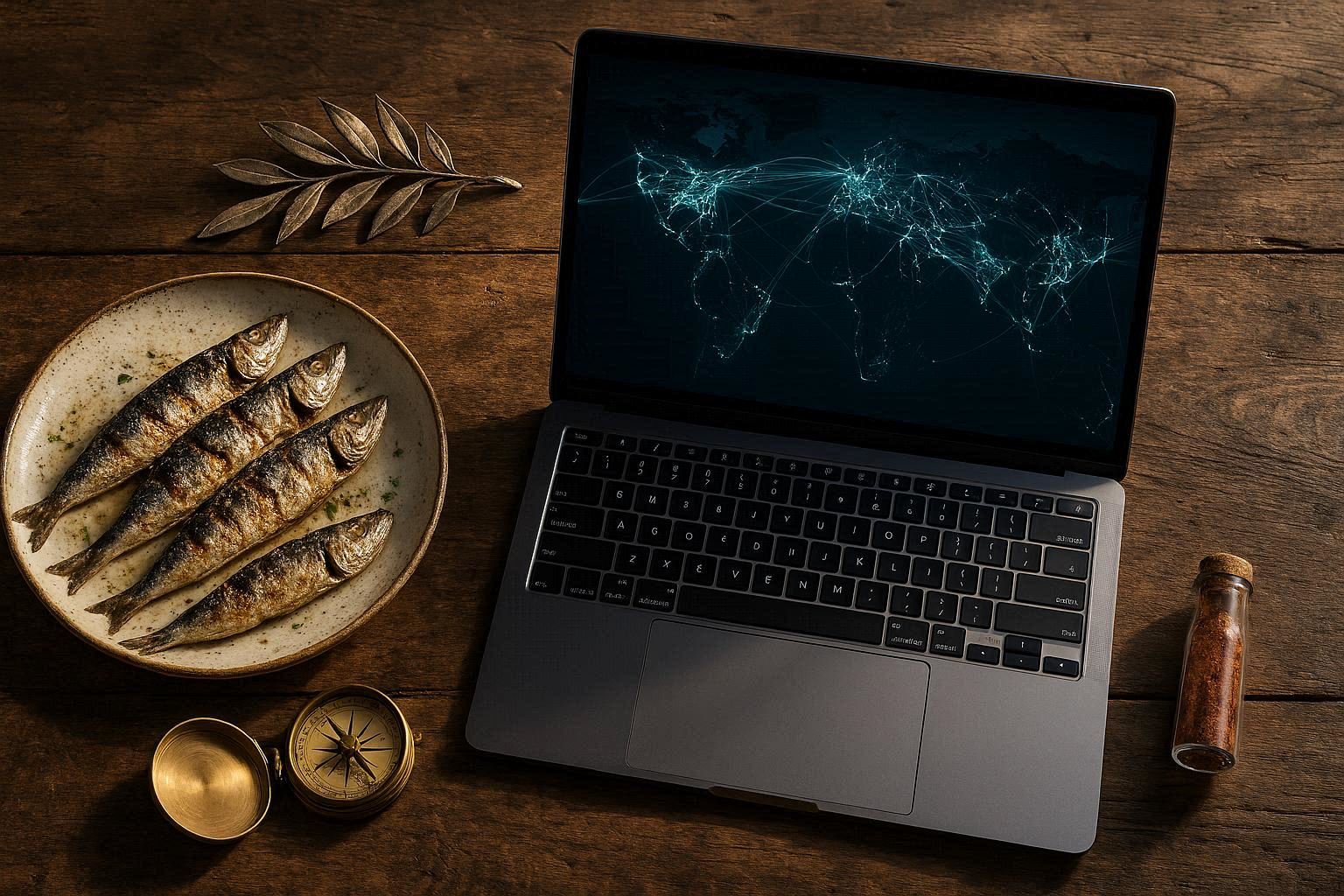 High-end flat lay with a modern laptop, a brass compass, grilled sardines, and an olive branch.