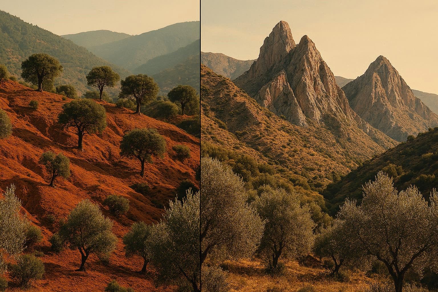 Diptych comparing the Jbala mountains in Morocco and the Alpujarra peaks in Spain.