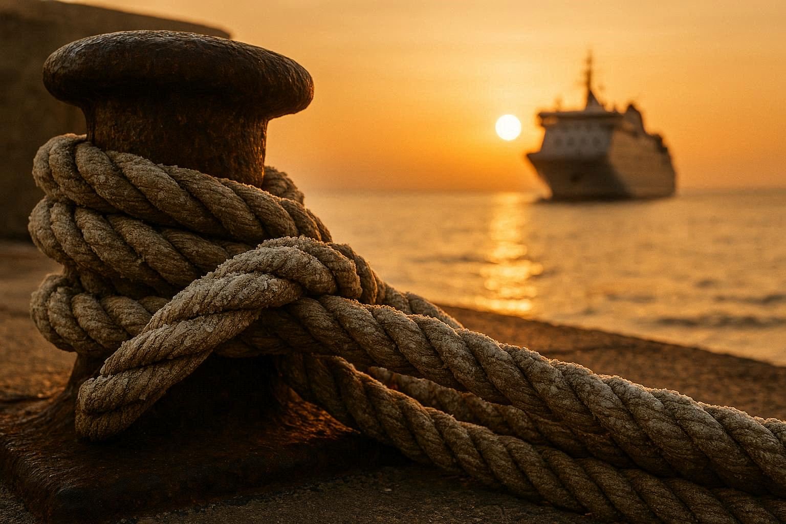 Close-up of a salt-crusted nautical mooring rope tied to an iron bollard at Málaga port.