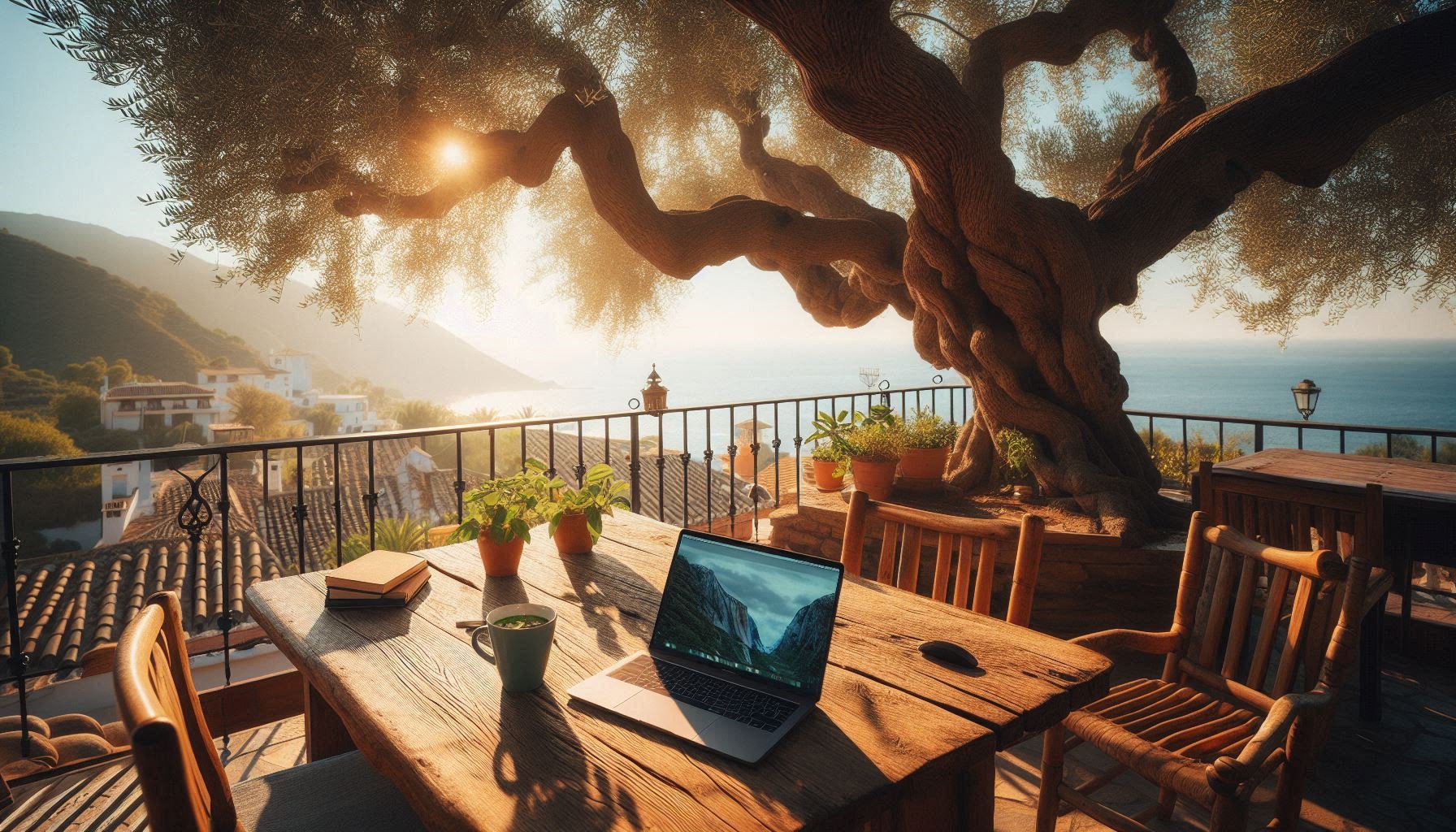 Laptop beside olive tree overlooking Mediterranean - rooted nomadism in practice