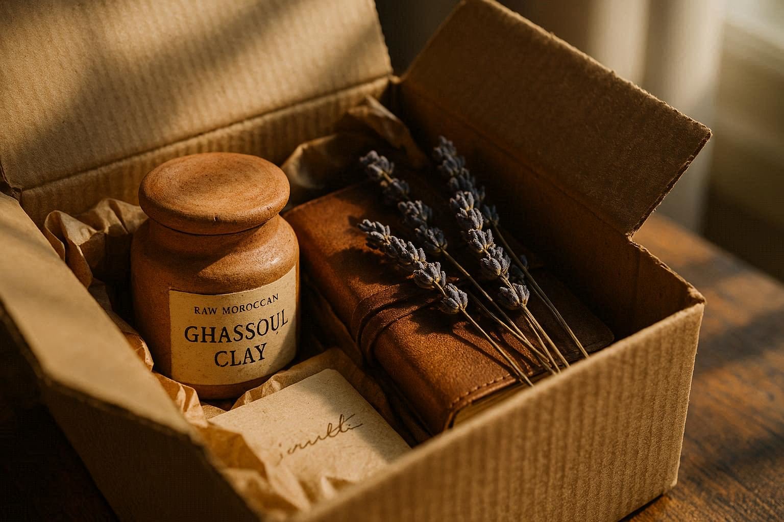 Minimalist shipping box containing Moroccan Ghassoul clay and lavender.