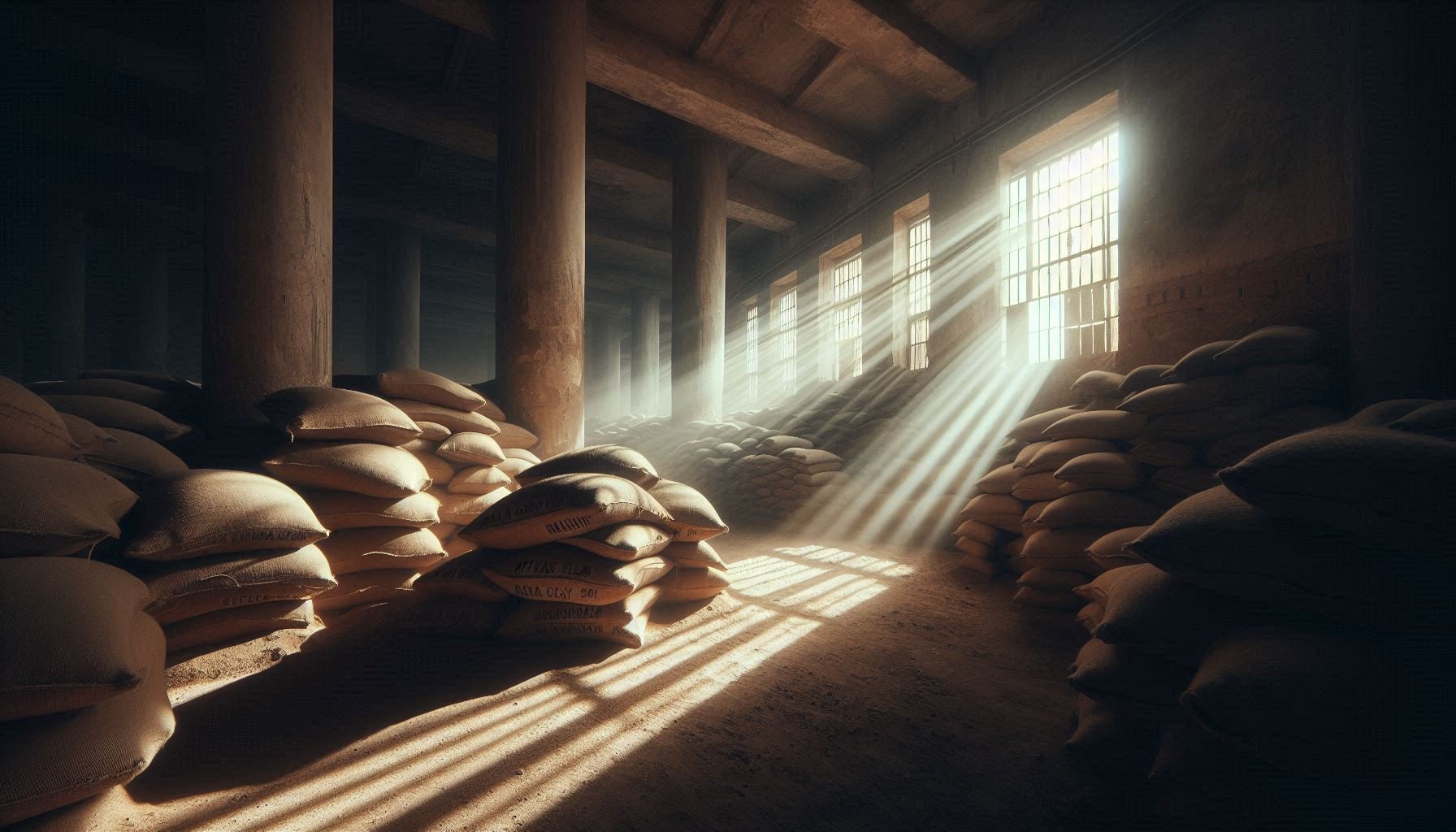 Sacks of Moroccan Ghassoul clay in warehouse during pandemic - symbolizing business model vulnerability