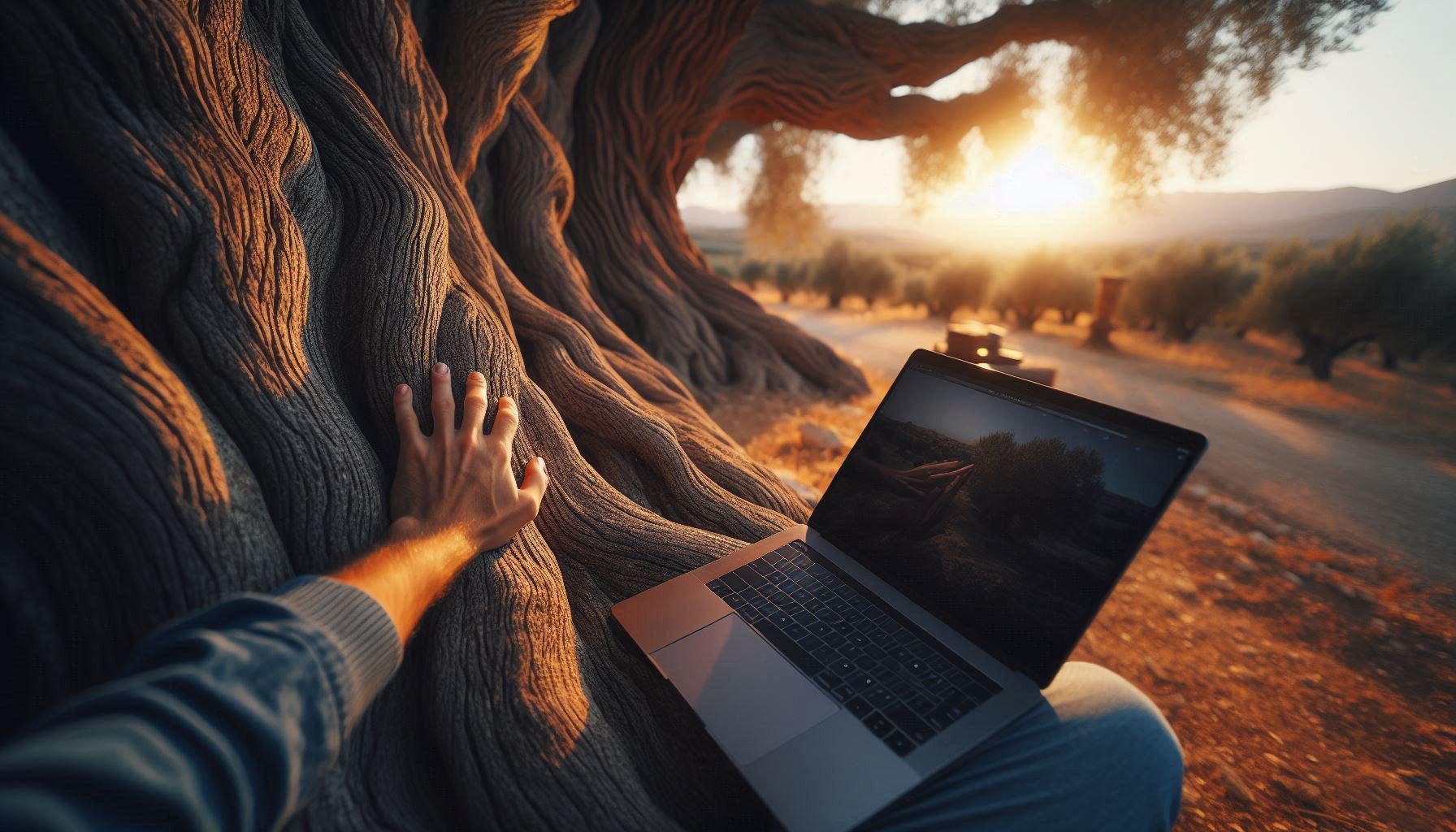 A Moroccan man's weathered hand on ancient olive bark, his other hand on a glowing laptop keyboard, symbolizing where ancestral resilience meets a digital rebirth in Andalusia.