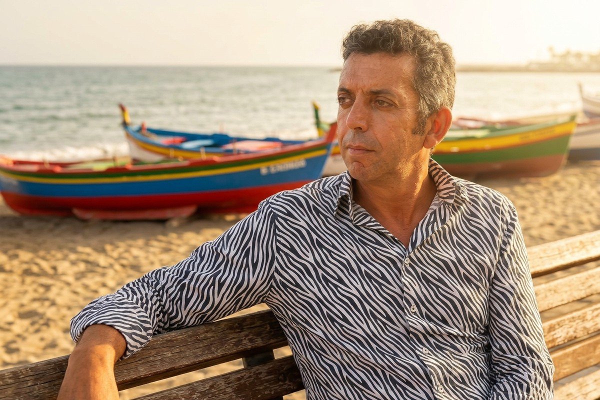 Salah Nomad wearing a signature black and white zebra-striped shirt on a wooden bench in Pedregalejo beach, Málaga.