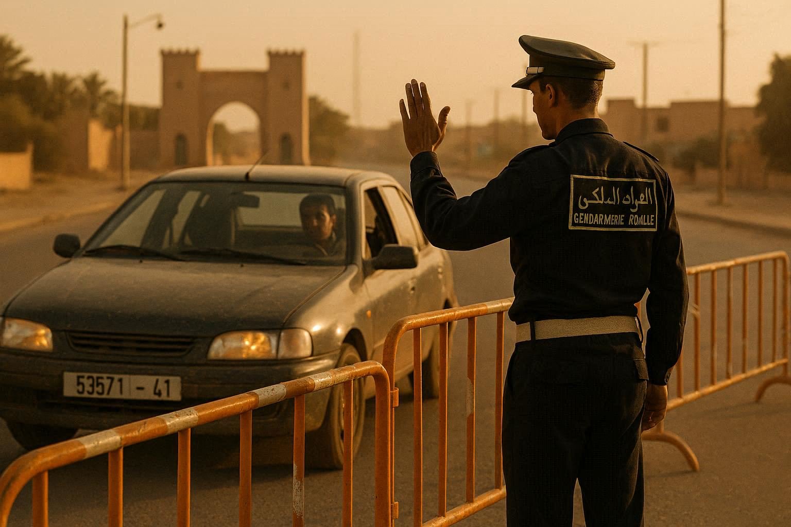 Police checkpoint at entrance to Ksar el Kebir, officer waving car through