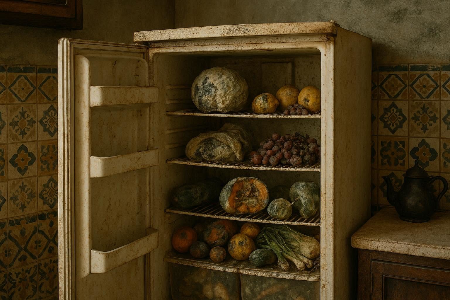 Open refrigerator with spoiled food inside, Moroccan kitchen