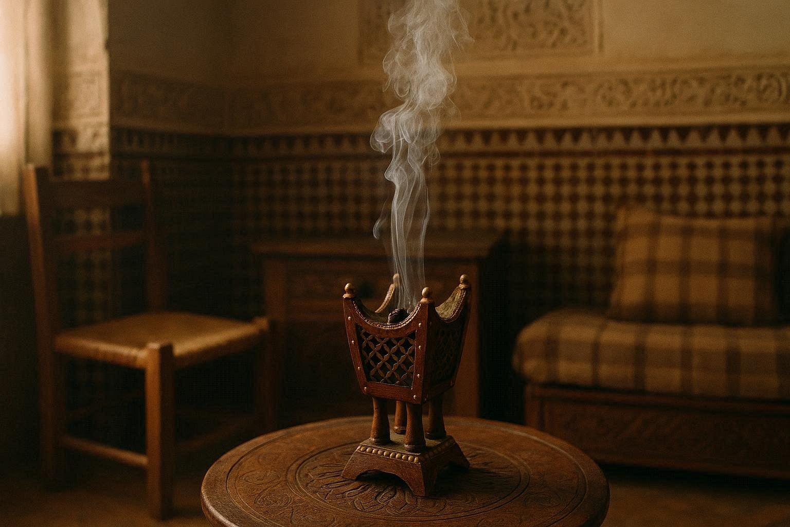 Incense burner smoking in traditional Moroccan room