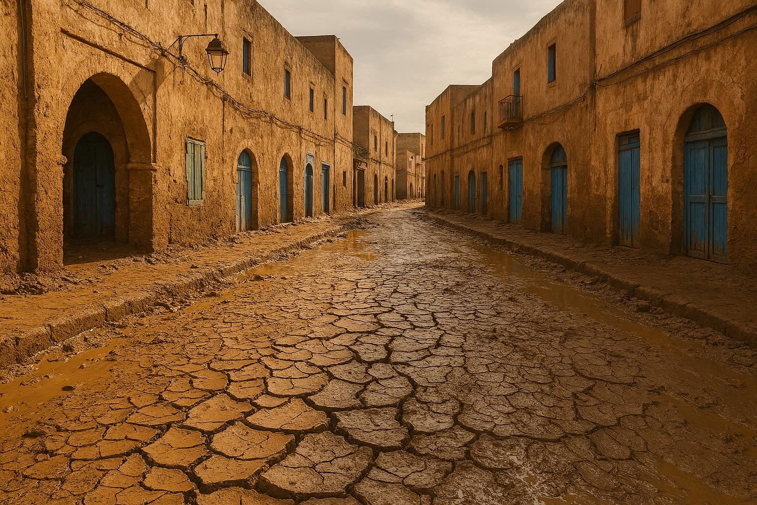 Street in Ksar el Kebir with drying mud, buildings in background