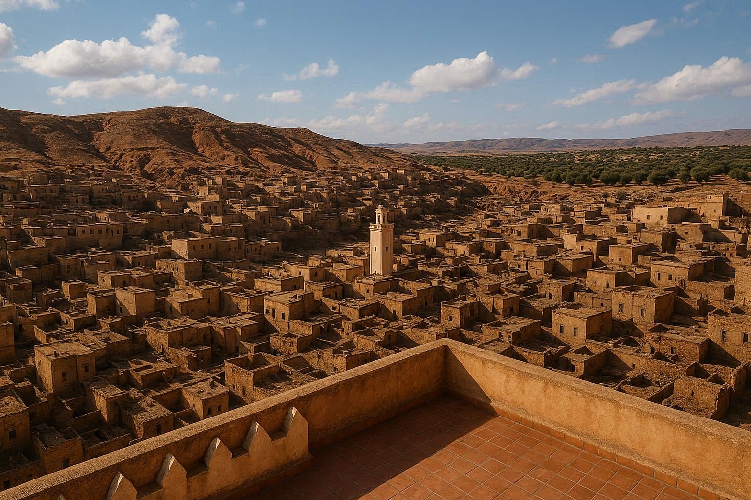 View from terrace showing dry neighborhood surrounded by mud traces
