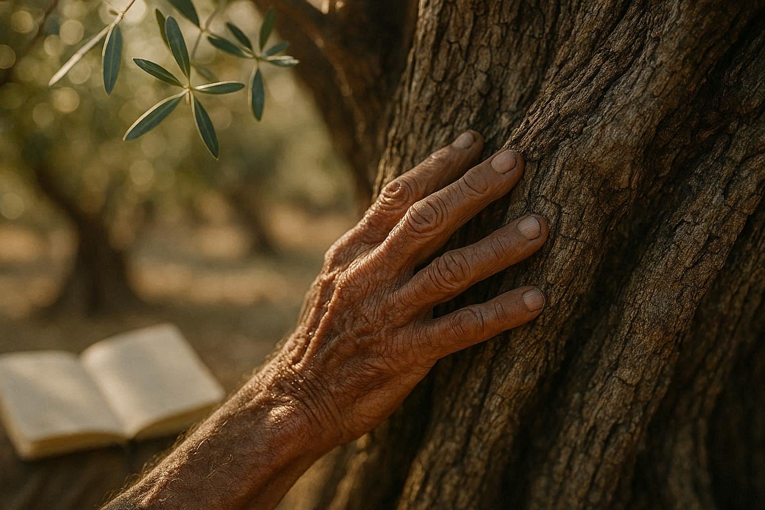 Weathered hand touching ancient olive bark, with a notebook in the background