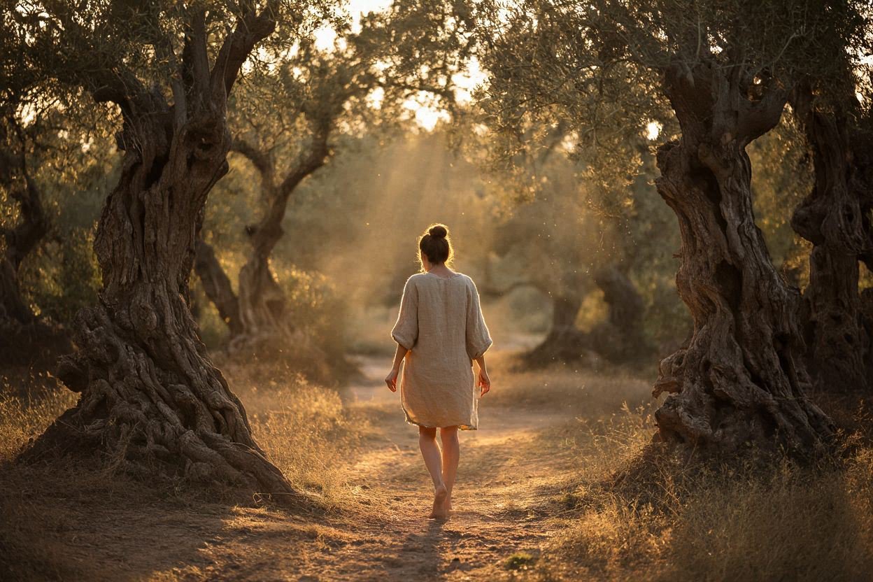 A figure walking barefoot among ancient olive trees at sunset, dust motes in the light