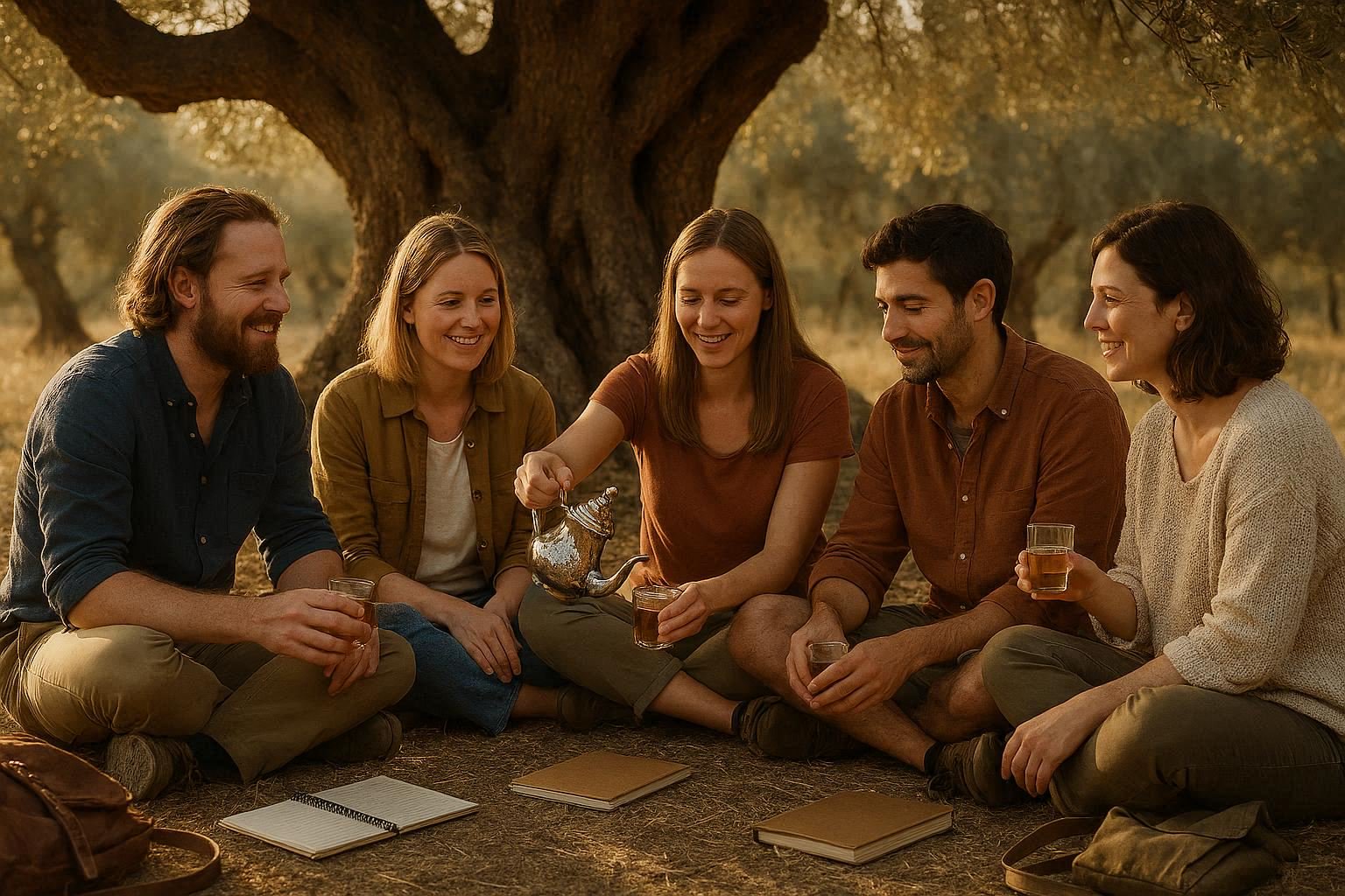 Diverse group sharing tea under an ancient olive tree, symbolizing community and belonging