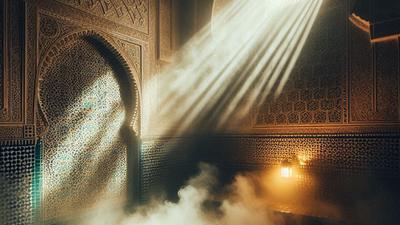 Light streaming into a steamy hammam, symbolizing the Hammam Principle for building trust.