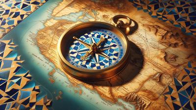 An antique brass compass overlaid with zellige patterns on maps of Andalusia and Morocco