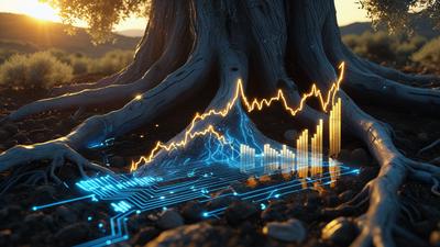 Ancient olive tree roots intertwined with glowing digital financial growth circuits