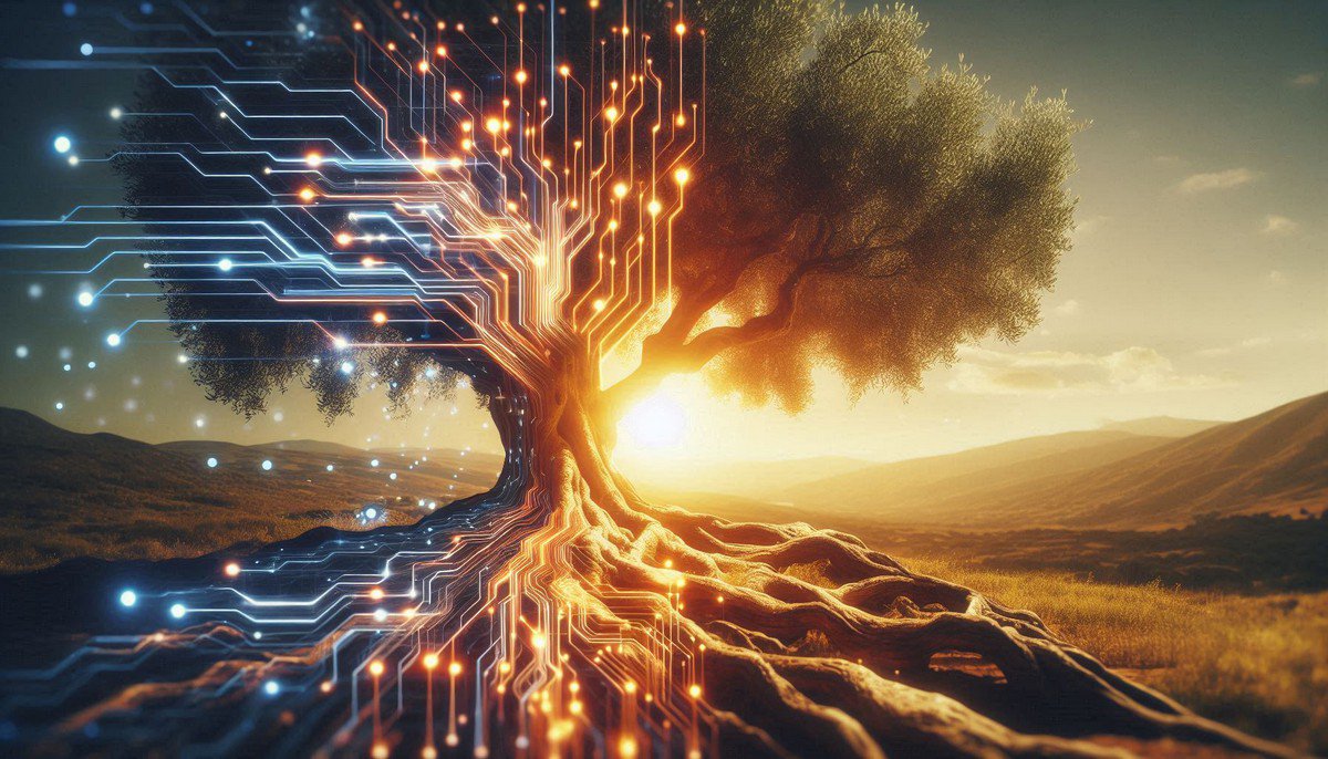 Ancient olive tree roots transforming into glowing digital network representing rooted nomadism philosophy