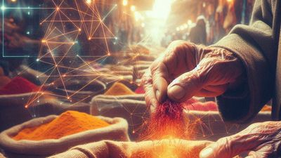 A spice merchant's hand offering saffron, symbolizing the Souk Algorithm for authentic value.